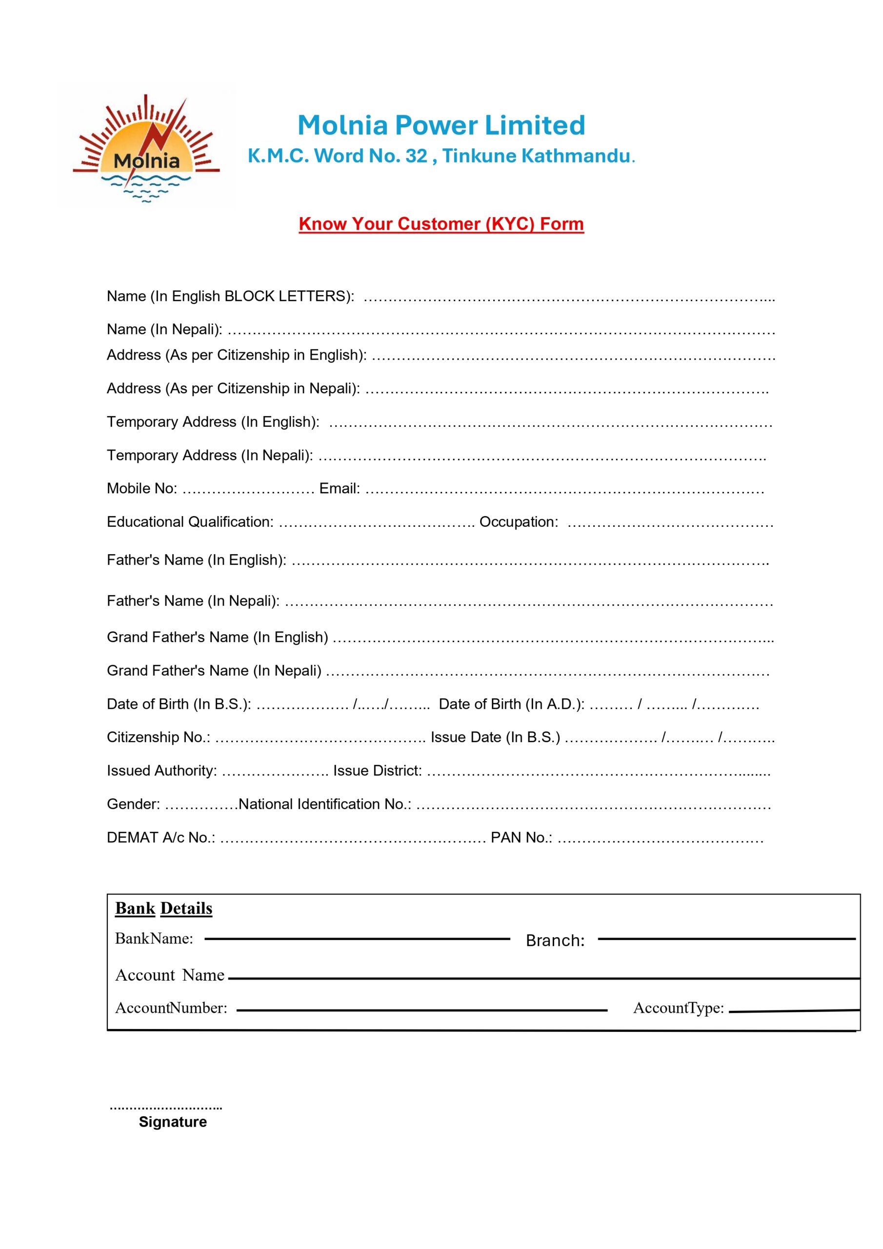 KYC Form of Molnia Power Limited